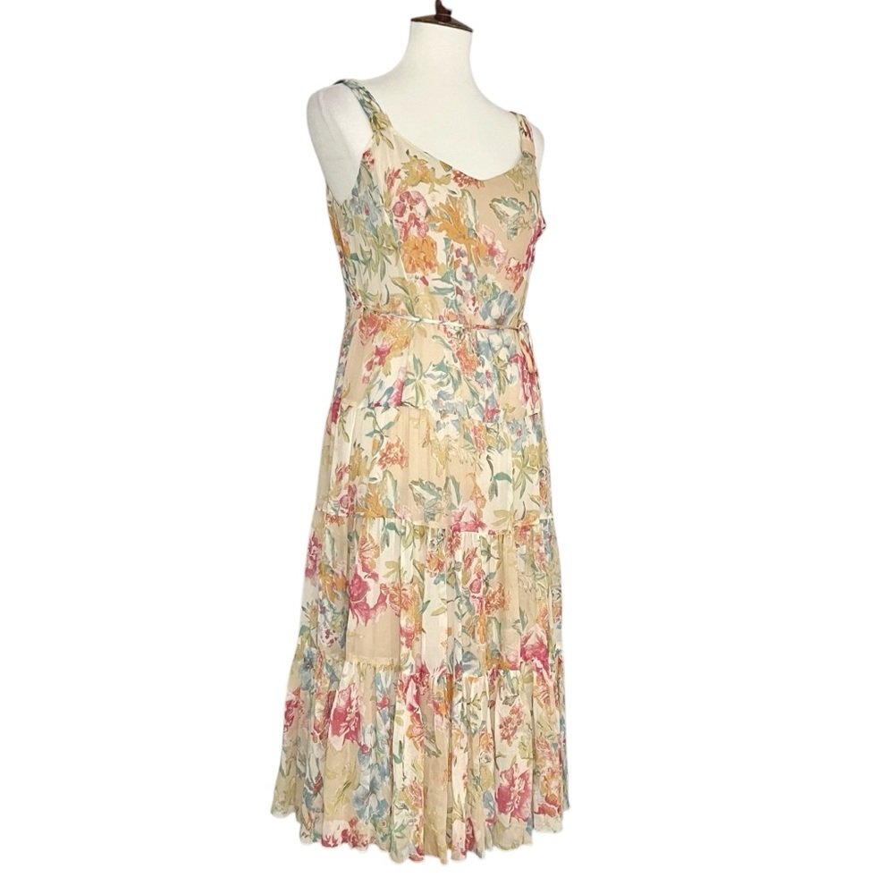 Nine West Floral‎ Sleeveless 100% Silk Tiared Dress Size 10P Dainty - Picture 2 of 12